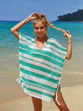 White Striped Crochet Beach Cover Up in Green and White Swimwear Cover-Ups
