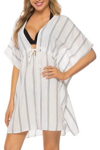 White Striped Kaftan Dress Beach Cover-Up White