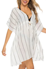 White Striped Kaftan Dress Beach Cover-Up Swimwear Cover-Ups