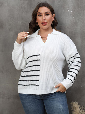White Striped Knit Sweater with Long Sleeve Length White