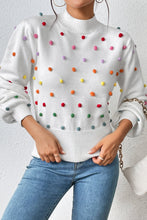 White Mock Neck Sweater with Colorful Pom Poms and Long Sleeves
