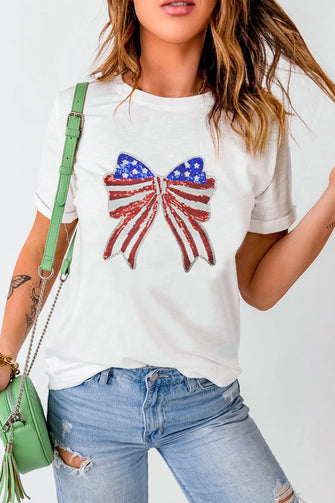 White T-Shirt with American Flag Bow Sequin Detail White