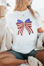 White T-Shirt with American Flag Bow Sequin Detail Woman T Shirts