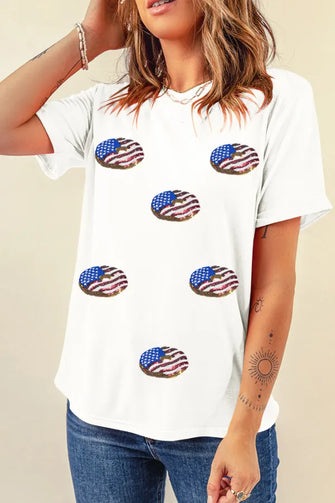 White T-Shirt with American Flag Donut Pattern for Women White