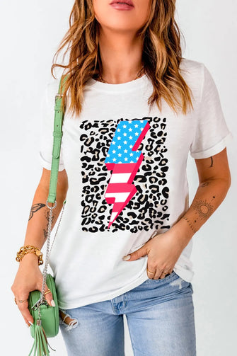 White T-Shirt with American Flag Lightning Bolt Design for Women White