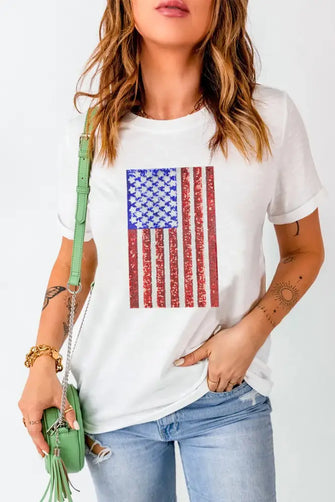 White T-Shirt with American Flag Sequin Graphic for Women White Woman T Shirts