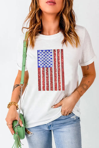 White T-Shirt with American Flag Sequin Graphic for Women White