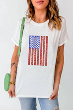 White T-Shirt with American Flag Sequin Graphic for Women