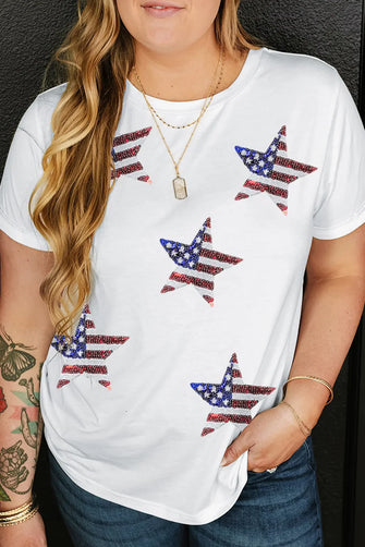 White T-Shirt with American Flag Star Sequin Embellishments White