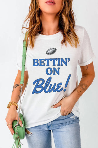 White T-Shirt with Blue Football Graphic and Bettin on Blue Text Peacock Blue