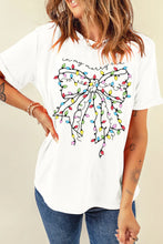 White T Shirt with Christmas Light Bow Graphic for Women