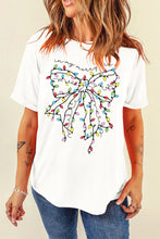 White T Shirt with Christmas Light Bow Graphic for Women