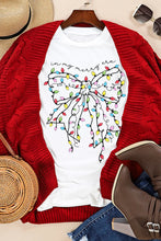 White T Shirt with Christmas Light Bow Graphic for Women