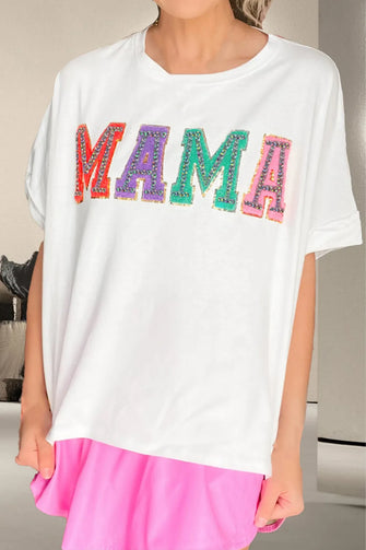 White T-Shirt with Colorful MAMA Sequin Lettering for Women White