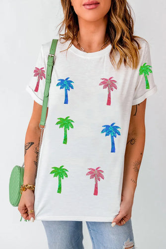 White T-Shirt with Colorful Palm Tree Graphic for Women White