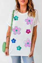 White T-Shirt with Colorful Sequin Flower Appliqués for Women White