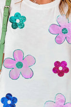 White T-Shirt with Colorful Sequin Flower Appliqués for Women Woman T Shirts
