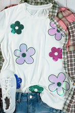 White T-Shirt with Colorful Sequin Flower Appliqués for Women