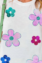 White T-Shirt with Colorful Sequin Flower Appliqués for Women