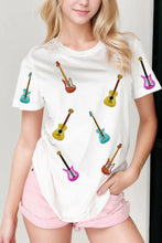 White T Shirt with Colorful Sequin Guitar Pattern for Women White