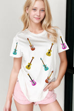 White T Shirt with Colorful Sequin Guitar Pattern for Women