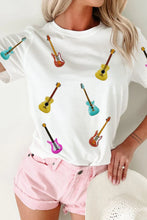 White T Shirt with Colorful Sequin Guitar Pattern for Women