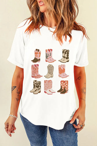 White T-Shirt with Cowboy Boot Graphics for Women White