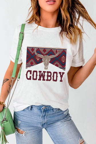 White T-Shirt with Cowboy Graphic for Women White