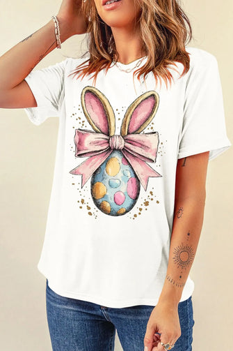 White T-Shirt with Easter Egg Design for Women White