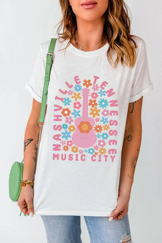 White T-Shirt with Floral Guitar Design for Women White