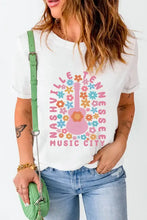White T-Shirt with Floral Guitar Design in Slightly Stretchy Fabric