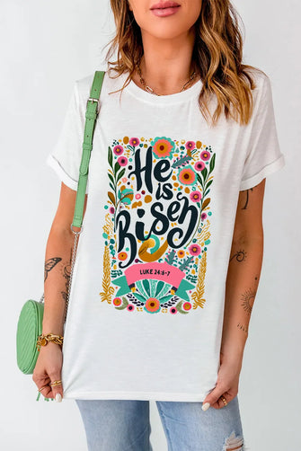 White T-Shirt with Floral He is Risen Design for Women White