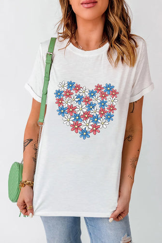 White T-Shirt with Floral Heart Design for Women White