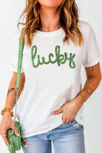 White T-Shirt with Green Lucky Sequin Lettering for Women White