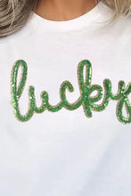 White T-Shirt with Green Lucky Sequin Lettering for Women Woman T Shirts