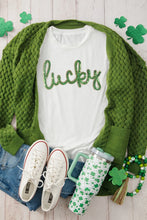 White T-Shirt with Green Lucky Sequin Lettering for Women