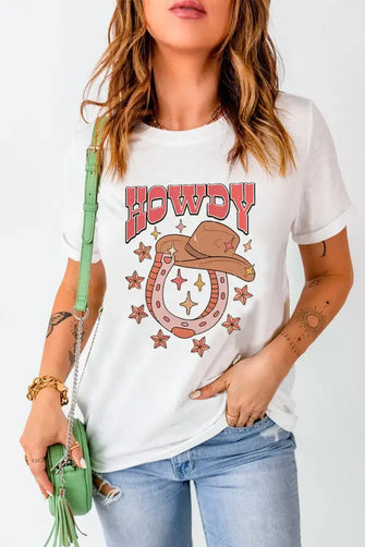 White T-Shirt with Howdy Cowboy Graphic for Women White Woman T Shirts