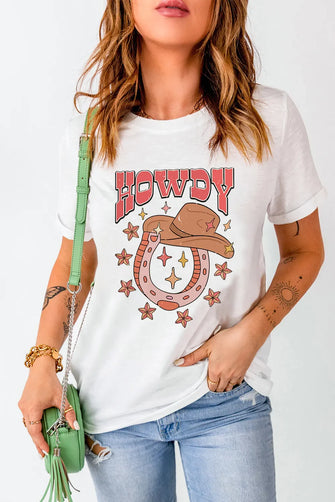 White T-Shirt with Howdy Cowboy Graphic for Women White