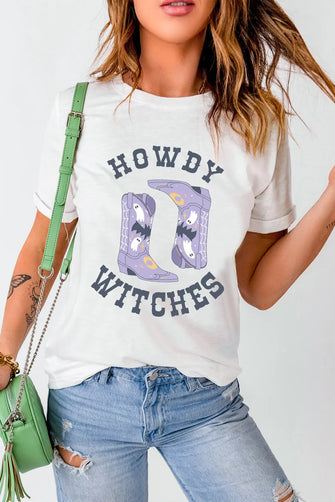 White T-Shirt with Howdy Witches Cowboy Boot Graphic White