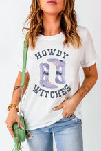 White T-Shirt with Howdy Witches Cowboy Boot Graphic