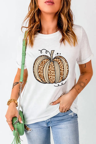 White T Shirt with Leopard Print Pumpkin Design White