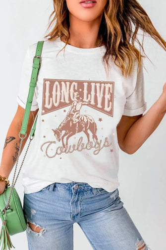 White T-Shirt with Long Live Cowboys Graphic for Women White
