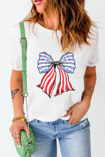 White T-Shirt with Patriotic Bow Graphic for Women White