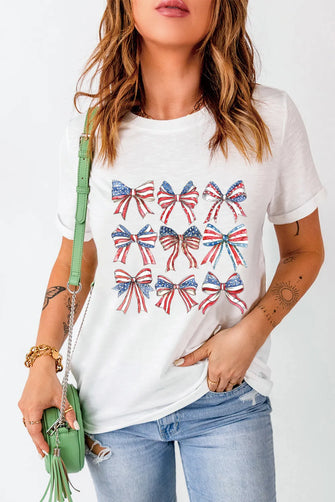 White T-Shirt with Patriotic Bow Print for Women White