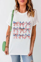 Womens white t-shirt with patriotic bow print, short sleeves, round neck
