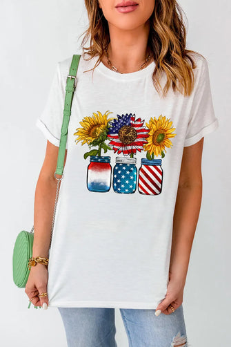 White T-Shirt with Patriotic Sunflower Design for Women White