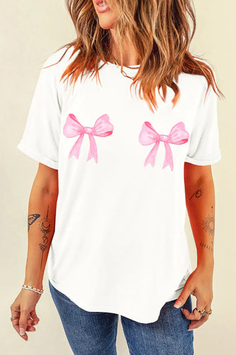 White T-Shirt with Pink Bow Graphic for Women White