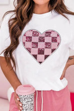 White T-Shirt with Pink Checkered Heart and Sequin Detail White