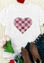 White T-Shirt with Pink Checkered Heart and Sequin Detail