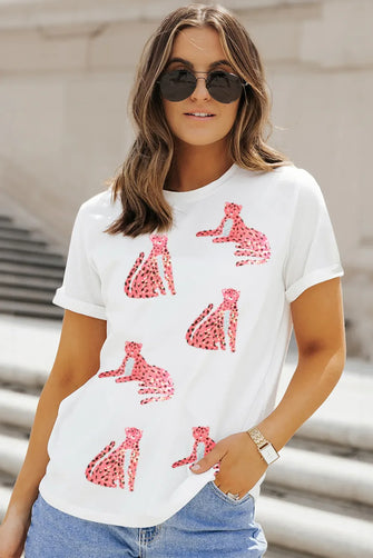 White T-Shirt with Pink Cheetah and Leopard Print for Women White